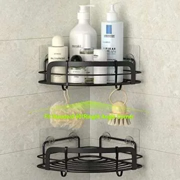 STEUGO Black Bathroom Corner Shower Shelfs, Adhesive Wall Mounted Shower Caddy with 4 Movable Hooks, Rustproof Stainless Steel Bathroom Shower Organizer, No Drilling Wall Mount 2-Pack