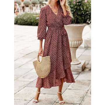 BTFBM Women Long Sleeve Dresses Spring Summer Clothes 2025 V Neck Floral High Waist Ruffle Boho Wedd...