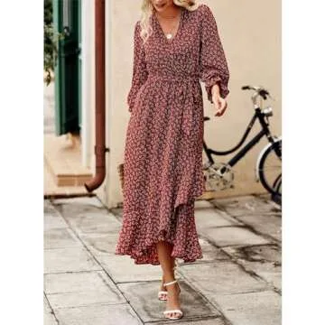 BTFBM Women Long Sleeve Dresses Spring Summer Clothes 2025 V Neck Floral High Waist Ruffle Boho Wedding Guest Dress(Floral Wine Red White, X-Large)