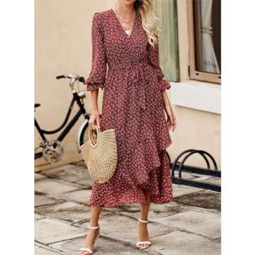 BTFBM Women Long Sleeve Dresses Spring Summer Clothes 2025 V Neck Floral High Waist Ruffle Boho Wedding Guest Dress(Floral Wine Red White, X-Large)