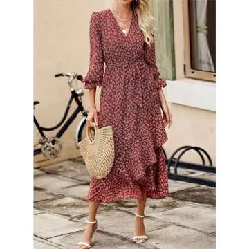 BTFBM Women Long Sleeve Dresses Spring Summer Clothes 2025 V Neck Floral High Waist Ruffle Boho Wedding Guest Dress(Floral Wine Red White, X-Large)