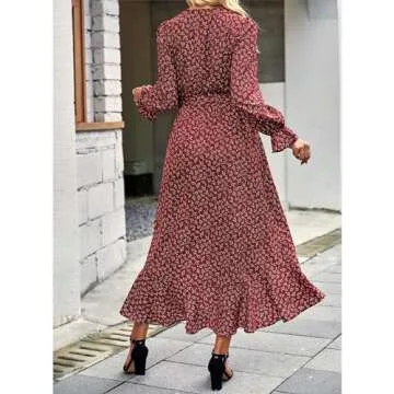 BTFBM Women Long Sleeve Dresses Spring Summer Clothes 2025 V Neck Floral High Waist Ruffle Boho Wedding Guest Dress(Floral Wine Red White, X-Large)