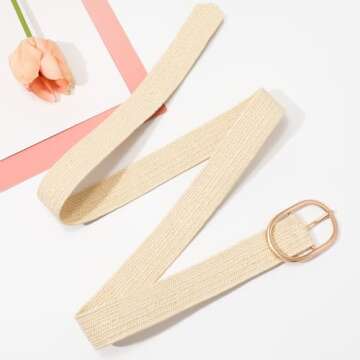 XZQTIVE Straw Woven Belt for Women Stretch Elastic Braided Waist Belt Fashion Boho Dress Belt Raffia Belt,beige