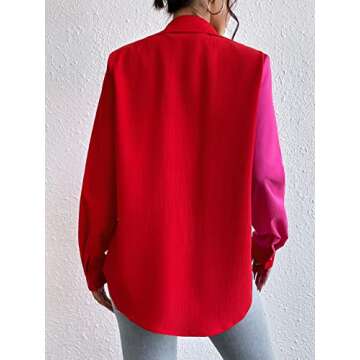 WDIRARA Women's Colorblock Button Up Shirt Collared Long Sleeve Blouse Top Red and Pink M
