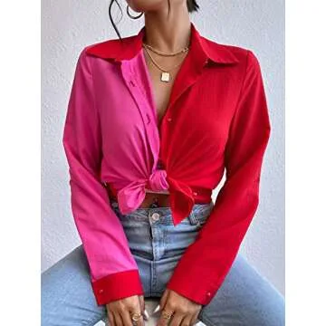 WDIRARA Women's Colorblock Button Up Shirt Collared Long Sleeve Blouse Top Red and Pink M