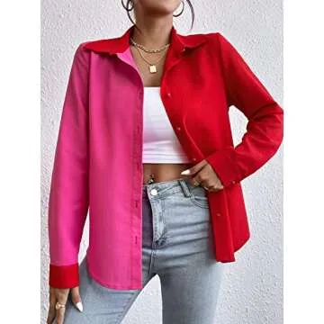 WDIRARA Women's Colorblock Button Up Shirt Collared Long Sleeve Blouse Top Red and Pink M
