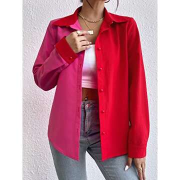WDIRARA Women's Colorblock Button Up Shirt Collared Long Sleeve Blouse Top Red and Pink M