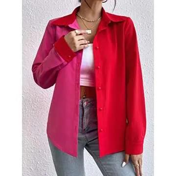 WDIRARA Women's Colorblock Button Up Shirt Collared Long Sleeve Blouse Top Red and Pink M