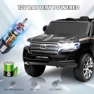 Hetoy Kids 12V Two Seater Ride On Car Truck,Licensed Toyota Land Cruiser Battery Powered Electric Vehicle for Kids with Parent Remote Control, 2 Motors, 3 Speeds, Music, Horn, LED Lights, Black