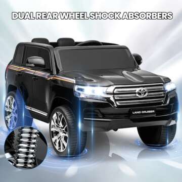 Hetoy Kids 12V Two Seater Ride On Car Truck,Licensed Toyota Land Cruiser Battery Powered Electric Vehicle for Kids with Parent Remote Control, 2 Motors, 3 Speeds, Music, Horn, LED Lights, Black