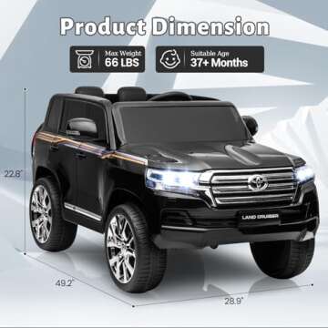 Hetoy Kids 12V Two Seater Ride On Car Truck,Licensed Toyota Land Cruiser Battery Powered Electric Vehicle for Kids with Parent Remote Control, 2 Motors, 3 Speeds, Music, Horn, LED Lights, Black