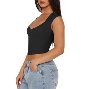 REORIA Women's Summer Sexy Casual V Neck Double Lined Seamless Sleeveless Slimming Going Out Trendy ...