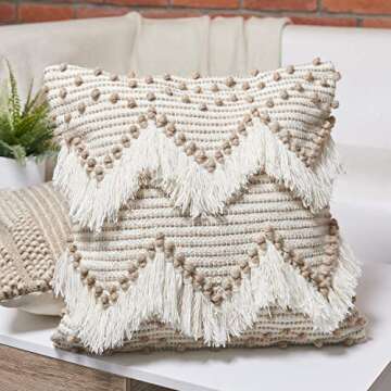 Cream Boho Throw Pillow Cover - Decorative Bohemian Throw Pillow with Tufted Detail and Fringing | Cute Beige and Brown Boho Farmhouse Decor to Transform Your Sofa, Couch, Bed or Chair | 18x18 Inch