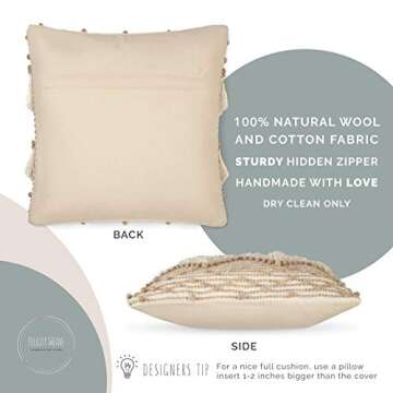 Cream Boho Throw Pillow Cover - Decorative Bohemian Throw Pillow with Tufted Detail and Fringing | Cute Beige and Brown Boho Farmhouse Decor to Transform Your Sofa, Couch, Bed or Chair | 18x18 Inch