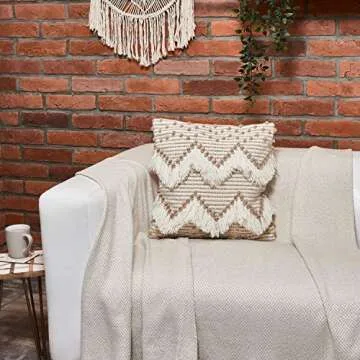 Cream Boho Throw Pillow Cover - Decorative Bohemian Throw Pillow with Tufted Detail and Fringing | Cute Beige and Brown Boho Farmhouse Decor to Transform Your Sofa, Couch, Bed or Chair | 18x18 Inch
