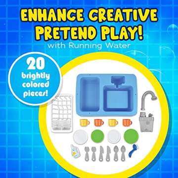 Sunny Days Entertainment Kitchen Sink Play Set with Running Water – 20 Piece Pretend Play Toy for Boys and Girls | Kids Kitchen Role Play Dishwasher Toys, Multi