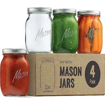 CAMDEPOSU Wide Mouth Mason Jars 32 oz - (4 Pack) Ball Quart With Airtight lids and Bands For Canning, Fermenting, Pickling, Freezing, Storage Glass jar, Microwave & Dishwasher Safe, Clear