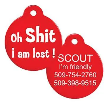 GoTags Funny Dog and Cat Tags Personalized with 4 Lines of Custom Engraved Text, Dog and Cat Collar ID Tags Come with Glow in The Dark Silencer to Protect Tag and Engraving, (Oh Shit)