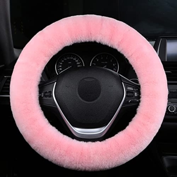 MLOVESIE Fluffy Wool Car Steering Wheel Cover Genuine Sheepskin in Pink