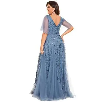 Ever-Pretty Women's Plus Size V-Neck Sequin Embroidery Formal Evening Dresses with Sleeves Haze Blue...