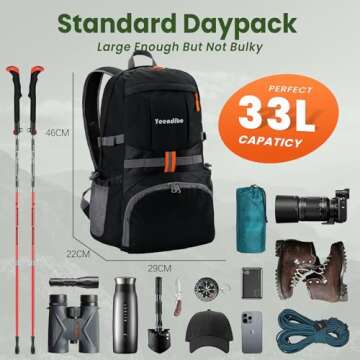 Yeendibo 33L Waterproof Hiking Backpack with Portable-Rest Station for Camping/Travel/Outdoors, Versatile & Lightweight Foldable Daypack for Men/Women (Black, Waterproof)