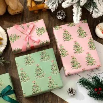 JarThenaAMCS 6 Sheets Christmas Wrapping Paper - Not Roll - Watercolor Pink Green Xmas Pine Tree Gift Wrap Paper Folded Flat for DIY Craft Wedding Birthday Baby Shower, 27.6 x 39.4 Inch