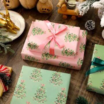 JarThenaAMCS 6 Sheets Christmas Wrapping Paper - Not Roll - Watercolor Pink Green Xmas Pine Tree Gift Wrap Paper Folded Flat for DIY Craft Wedding Birthday Baby Shower, 27.6 x 39.4 Inch
