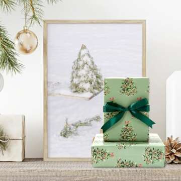 JarThenaAMCS 6 Sheets Christmas Wrapping Paper - Not Roll - Watercolor Pink Green Xmas Pine Tree Gift Wrap Paper Folded Flat for DIY Craft Wedding Birthday Baby Shower, 27.6 x 39.4 Inch