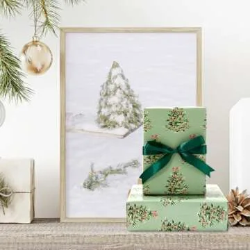 JarThenaAMCS 6 Sheets Christmas Wrapping Paper - Not Roll - Watercolor Pink Green Xmas Pine Tree Gift Wrap Paper Folded Flat for DIY Craft Wedding Birthday Baby Shower, 27.6 x 39.4 Inch