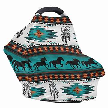 JOAIFO Aztec American Native Horse Print Nursing Cover Blue and White Tribal Baby Stroller Canopy Co...