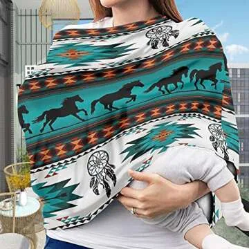 JOAIFO Aztec American Native Horse Print Nursing Cover Blue and White Tribal Baby Stroller Canopy Cover