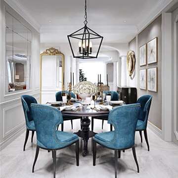 Edvivi Renzo 4-Light Black Lantern Pendant Light, Dimmable, Adjustable Height Square Cage Pendant Ha...