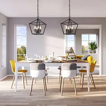 Edvivi Renzo 4-Light Black Lantern Pendant Light, Dimmable, Adjustable Height Square Cage Pendant Hanging Lighting Fixture Rustic Lantern Chandelier for Dining Room Kitchen Island Entrance Foyer