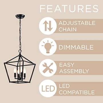 Edvivi Renzo 4-Light Black Lantern Pendant Light, Dimmable, Adjustable Height Square Cage Pendant Hanging Lighting Fixture Rustic Lantern Chandelier for Dining Room Kitchen Island Entrance Foyer