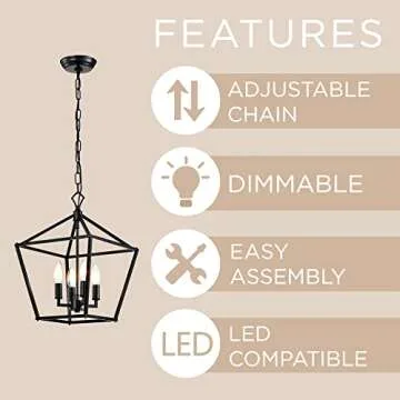 Edvivi Renzo 4-Light Black Lantern Pendant Light, Dimmable, Adjustable Height Square Cage Pendant Hanging Lighting Fixture Rustic Lantern Chandelier for Dining Room Kitchen Island Entrance Foyer