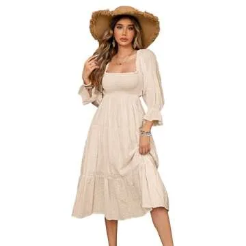 R.Vivimos Women's Summer Cotton Polka Dots Puff Sleeves Bow Casual Off-Shoulder Boho Midi Dress for ...