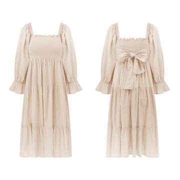 R.Vivimos Women's Summer Cotton Polka Dots Puff Sleeves Bow Casual Off-Shoulder Boho Midi Dress (Large,Beige)