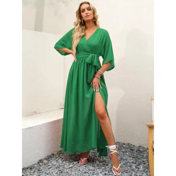 ANRABESS Women’s Summer Loose Boho Flowy Wrap V Neck 3/4 Sleeve Floral Print Slit Beach Wedding Guest Long Maxi Dresses Green Medium