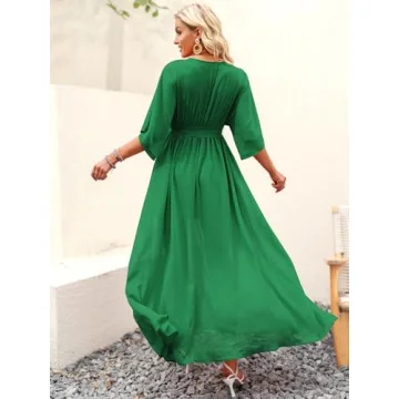 ANRABESS Women’s Summer Loose Boho Flowy Wrap V Neck 3/4 Sleeve Floral Print Slit Beach Wedding Guest Long Maxi Dresses Green Medium
