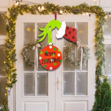 Happy Storm Christmas Door Decorations, 13.6'' x 16.6'' Thief Hand Whoville Wooden Front Door Hanger Sign Wreath, Christmas Ornaments Decor for Home Wall Indoor Outdoor Xmas Holiday Party Supplies