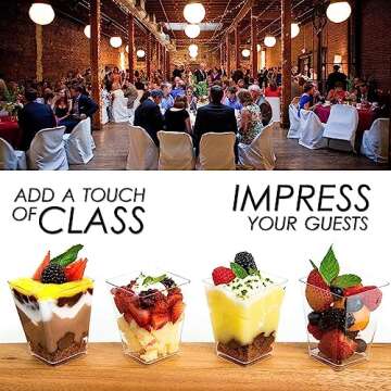 DLux 50 x 5.5 oz Mini Dessert Cups with Spoons, Square Large - Clear Plastic Parfait Appetizer Cup - Small Reusable Serving Bowl for Tasting Party Desserts Appetizers - With Recipe Ebook