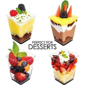 DLux 50 x 5.5 oz Mini Dessert Cups with Spoons, Square Large - Clear Plastic Parfait Appetizer Cup - Small Reusable Serving Bowl for Tasting Party Desserts Appetizers - With Recipe Ebook