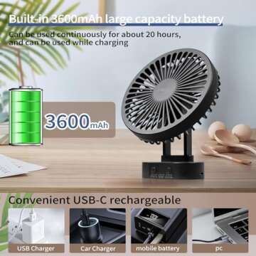 LEIORIO Small Fan Rechargeable,3 Speed Timable Cruise Fan with 90° Head Rotation,Small Office Fan for Office,Portable Fan for Indoor,Outdoor,Travel,Energy Efficient Ultra Usage Time Quiet Fan