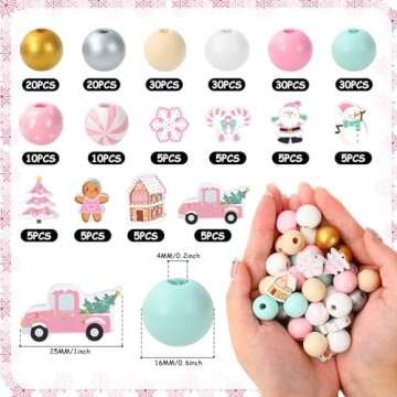 Whaline 220Pcs Christmas Wooden Beads 16 Styles Pink Xmas Pattern Decorative Wood Beads Multi-Color ...
