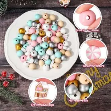 Whaline 220Pcs Christmas Wooden Beads 16 Styles Pink Xmas Pattern Decorative Wood Beads Multi-Color Round Loose Beads for Tried Tray Winter Farmhouse Decor DIY Crafts