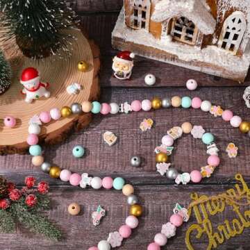Whaline 220Pcs Christmas Wooden Beads 16 Styles Pink Xmas Pattern Decorative Wood Beads Multi-Color Round Loose Beads for Tried Tray Winter Farmhouse Decor DIY Crafts