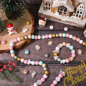 Whaline 220Pcs Christmas Wooden Beads 16 Styles Pink Xmas Pattern Decorative Wood Beads Multi-Color Round Loose Beads for Tried Tray Winter Farmhouse Decor DIY Crafts