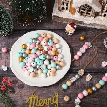Whaline 220Pcs Christmas Wooden Beads 16 Styles Pink Xmas Pattern Decorative Wood Beads Multi-Color Round Loose Beads for Tried Tray Winter Farmhouse Decor DIY Crafts