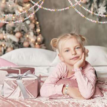 Whaline 220Pcs Christmas Wooden Beads 16 Styles Pink Xmas Pattern Decorative Wood Beads Multi-Color Round Loose Beads for Tried Tray Winter Farmhouse Decor DIY Crafts