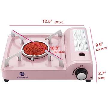 HTH HTHomeprod Portable Butane Stove Windproof Infrared Burner Outdoor Cooker Hiking Picnic Compact Camping Stoves Pink Color with Carry Box